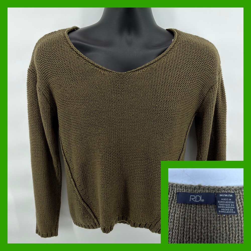 RDI Olive Green Knit Sweater Womens Medium Elbow Patches V-Neck Chunky Pullover